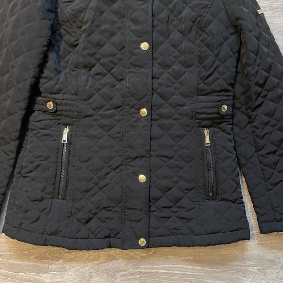 *Quilted Black Jacket - Fleece Lined Hood & Gold Accents - Picture 3 of 10